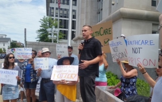 Protesters were part of U.S. Attorney General Jeff Sessions' visit to Concord. They say dismantling the Affordable Care Act will make it harder to fight opioid abuse. (Granite State Progress) 