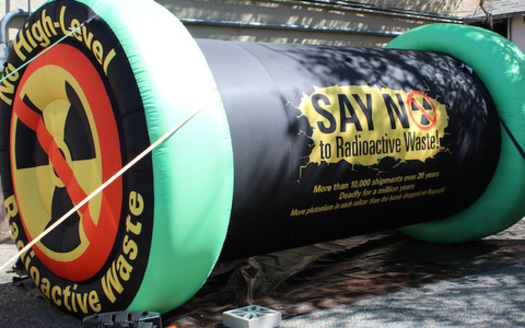 This mock radioactive waste canister is meant to represent 100,000 metric tons of spent nuclear fuel rods. Holtec International wants New Mexico to store that amount of nuclear waste until a permanent facility is built. (Don Hancock)