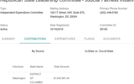 The D.C. based Republican State Leadership Committee, Judicial Fairness Initiative, is spending in WV state and local judicial races, but all of its money comes from one huge donation made in Washington. (WV Secretary of State)