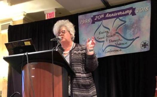 Eileen Rektenwald, who heads the Kentucky Association of Sexual Assault Programs, speaks at The Ending Sexual Assault and Domestic Violence Conference in Lexington. (KCADV)