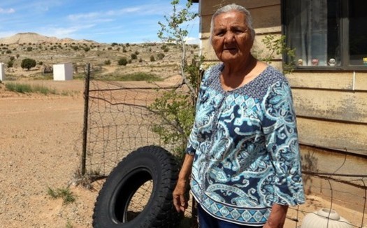 Fannie Shorthair stands in front of her house in the Navajo Nation, which has been without electric power for her entire life. (Salt River Project)