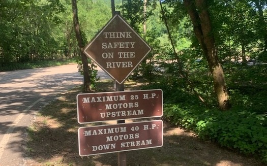 The sign, above, in the Ozark National Scenic Riverways should, but doesn't yet, mark the place where a motorized boat prohibition begins. (Marisa Frazier/Sierra Club Missouri Chapter)