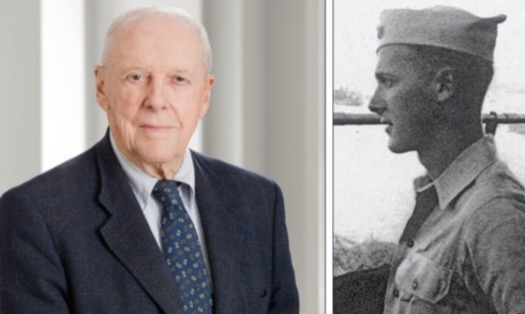 Robert M. Pennoyer, now and at age 19, on the U.S.S. Pensacola at Iwo Jima in 1944 (Courtesy: Robert M. Pennoyer)