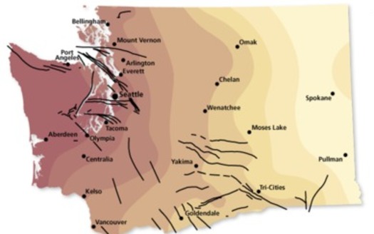 The darker shades on the map represent the highest shaking hazard and the black lines represent potentially active faults in Washington. (Washington state Department of Natural Resources)