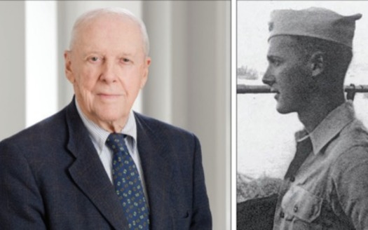 Robert M. Pennoyer, now and at age 19, on the U.S.S. Pensacola at Iwo Jima in 1944 (Courtesy: Robert M. Pennoyer)