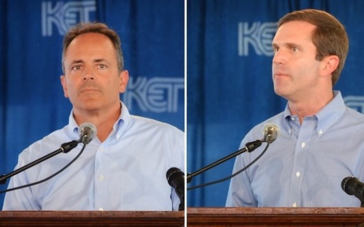 Gov. Matt Bevin and his challenger, Attorney General Andy Beshear, appear at this year's Fancy Farm Picnic. (Scott Wegenast)