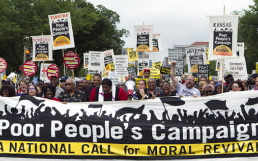 The Rev. William Barber of the Poor People's Campaign leads a rally in Washington in June 2019. (Poor People's Campaign)