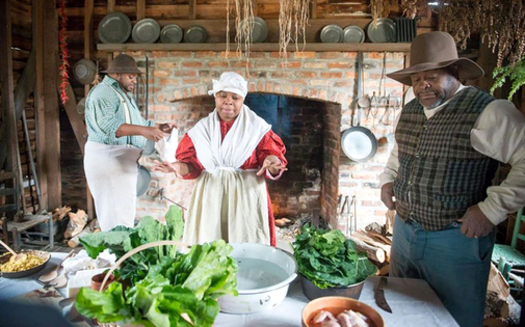 Left to right, Dontavius Williams, Nicole Moore, and Terry James, historical reenactors at Lexington County Museum in Lexington, South Carolina. Photo from Slave Dwelling Project. (Joe McGill)<br />