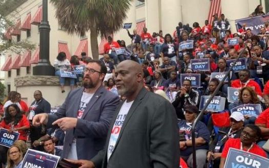 Desmond Meade, executive director of the Florida Rights Restoration Coalition (center right), rallied at Florida's Capitol with about 600 people calling for criminal justice reform. (FRRC)