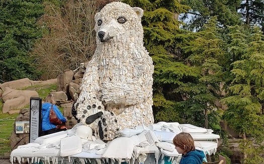 A polar bear sculpture made of trash that's washed up on Oregon beaches is on display at the Oregon Zoo in Portland. (washedashore.org)