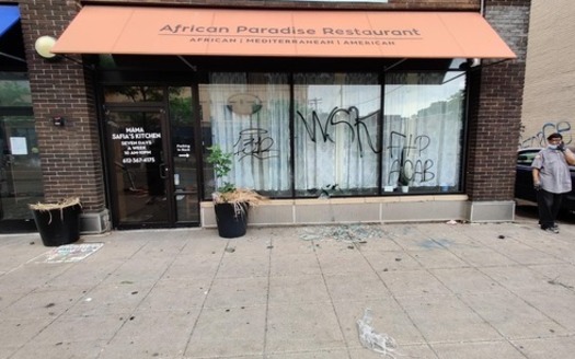 The African Paradise restaurant in south Minneapolis is located near the site where the most intense protests occurred following the death of George Floyd. Like other minority-owned businesses, it faces an uncertain future because of damage to the building. (Nancy Korsah)
