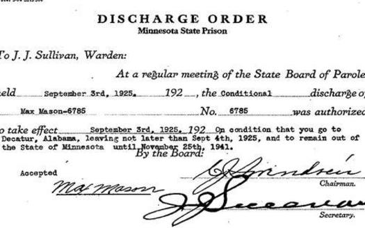 The prison discharge order of Max Mason, a black man whom many say was wrongly convicted of raping a white woman in Duluth in 1920. (Minnesota Historical Society)
