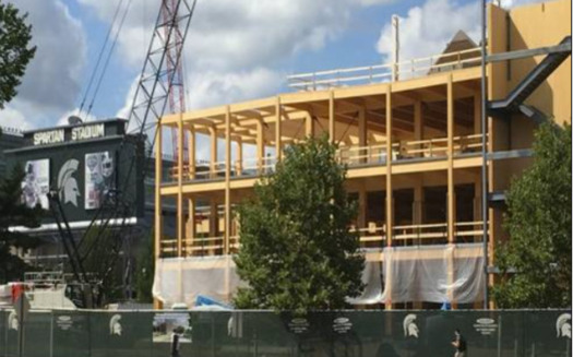 Michigan State University's STEM Teaching and Learning Center is the first building in the state to use mass timber for its load-bearing structure. (MSU)