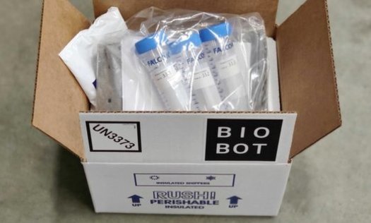 Biobot sends wastewater treatment facilities a bottle to collect a continuous subsample over 24 hours. The sample is then separated into three 50-milliliter valves for analysis. (Biobot Analytics)