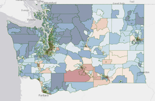 The Washington Environmental Health Disparity Map identifies communities highly impacted by environmental justice issues. (Washington State Department of Health)