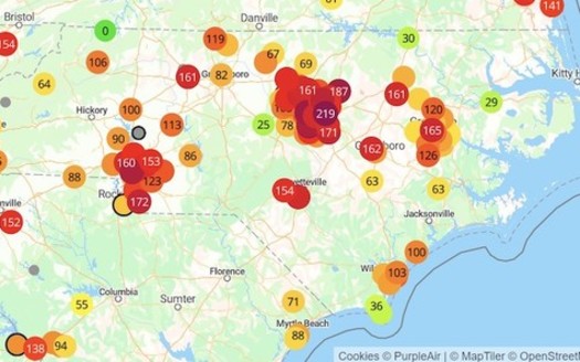 PM2.5 readings from PurpleAir monitors across North Carolina on the evening of July 4. Emissions from  grills, fireworks and other household sources increase PM2.5 levels. (CleanAIRE NC)