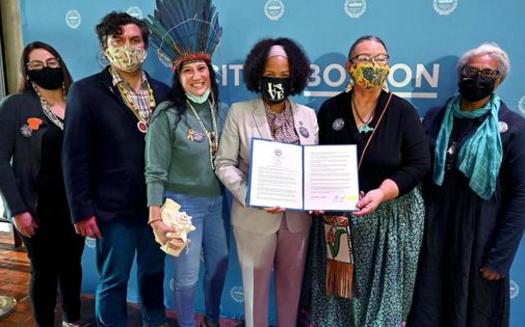 Representatives from Indigenous groups that worked with acting Boston Mayor Kim Janey to establish Indigenous Peoples Day in the city joined her for the declaration signing. (City of Boston)