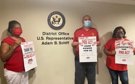 Union members demonstrate in favor of the PRO Act at the Los Angeles office of U.S. Rep. Adam Schiff, D-Calif. (CWA)