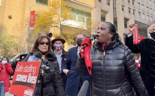 Nancy Hagans, president of the New York State Nurses Association (NYSNA), speaks to nurses, lawmakers and community supporters rallying outside New York Presbyterian Hospital in Washington Heights. (Michayla Savitt)