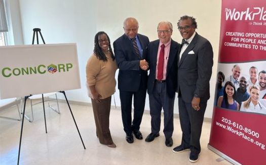 From left, Andrea Comer, committee chairwoman, Connecticut Social Equity Council, and Carlton Highsmith, Joseph Carbone and Fred McKinney announce the Alliance for Cannabis Equity on Tuesday in Hamden, Conn. (The Narrative Project) 