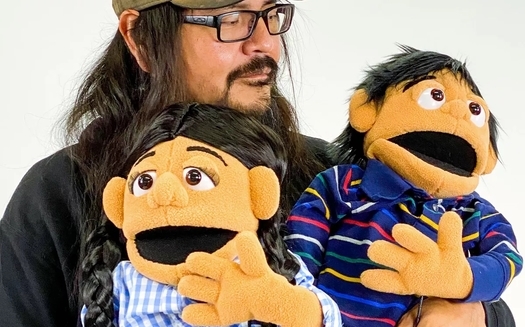 Pete Sands and two of his puppet creations, Sadie and Ash. The puppets will be the stars of 