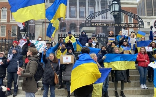 Massachusetts residents stood in solidarity with Ukraine last Friday at the State House. (Emma Friedlander)