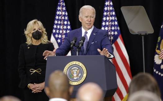 "We have to refuse to live in a country where Black people going about weekly grocery shopping can be gunned down by weapons of war deployed in a racist cause," President Joe Biden said during a speech in Buffalo Tuesday. (Mike Groll/Office of Governor Kathy Hochul)