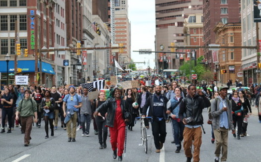 "Justice for Freddie", photograph by Arturo Holmes, May 1, 2015. (Maryland Center for<br />History and Culture, H. Furlong Baldwin Library, Preserve the Baltimore Uprising)