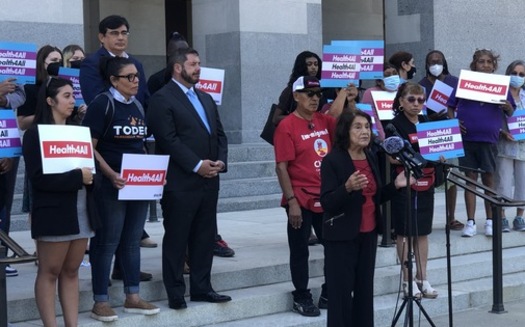 Civil rights activist Dolores Huerta speaks about the Health4All campaign during a press conference Wednesday at the state Capitol in Sacramento. (Haylee Burgess/CA Immigrant Policy Center)