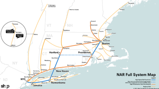 Efforts to implement high-speed rail in the U.S. have been ongoing since the mid-1960s, but only Amtrak's Acela service, between New York and Washington, D.C., has been completed. (North Atlantic Rail Alliance/Shop Architects)