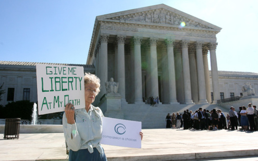 Womens' health advocate Ruth Galaid protests in front of the U.S. Supreme Court in 2005. (Compassion & Choices)
