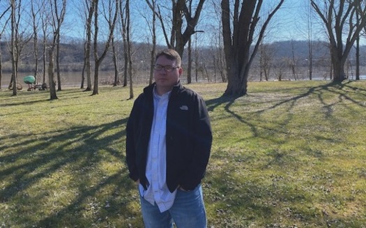Chris Powers stands in front of the Land Bank lot that he tried to bid on in Southern Ohio. (Eye on Ohio)<br />
