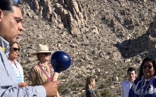 The Fort Mojave Indian Tribe Council member Johnny Hemmers and Council Secretary Colleen Garcia shared bird songs and dances at Avi Kwa Ame with Secretary of the Interior Deb Haaland and Representative Susie Lee in September. (Ashley Hemmers)
