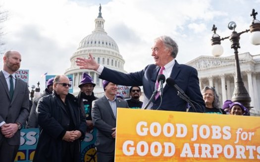 Sen. Ed Markey, D-Mass., supports the Good Jobs for Good Airports Act, which would apply to any airport receiving any of the $11 billion in airport funding each year, including $3.2 billion in Airport Improvement Program grants, $3.5 billion airports receive from passenger facility charges, and $4 billion in funds under the bipartisan infrastructure law. (32BJ SEIU)