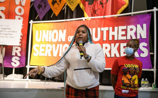 Naomi Harris of Columbia, S.C., speaks during the inaugural summit of the Union of Southern Social Workers in November. Harris, 21, is a co-founder of the group, which represents service workers across the region. (Union of Southern Service Workers)