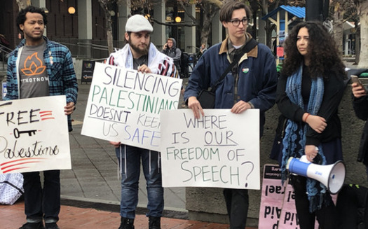 Protestors at the University of California-Berkeley demonstrate in support of student groups that passed a bylaw pledging not to invite pro-Zionist speakers. (Palestine Legal)