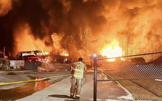 Train cars containing hazardous chemicals burned after a Feb. 3 derailment in East Palestine, Ohio. (Jamie Cozza)<br /><br />