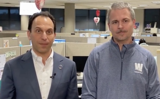 Louisville Mayor Craig Greenberg and Spencer Bruce, CEO of Louisville Water Co., appear in a video statement telling residents the water is safe to drink. (City of Louisville/Twitter)