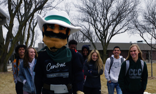 Central Community College students with the school's mascot, 