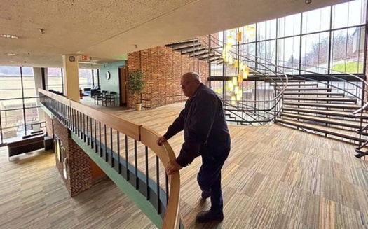 Montgomery Mayor Greg Ingram looks out over the old library of WVU Tech, which the city is slowly attempting to repurpose. (Photo/Nick Fouriezos)