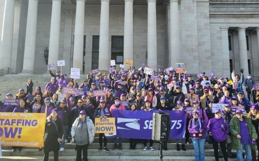 Caregiving workers gathered at the Washington State Capitol to call for a more progressive tax system in the state. (SEIU 775)