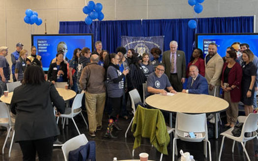 Part-time faculty and union representatives celebrated a new contract at L-A Trade Tech College on Friday. (Chase Golding)