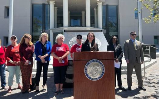 Assembly Majority Leader Sandra Jauregui, D-Las Vegas, speaks at Wednesday's news conference. (Battle Born Progress) 