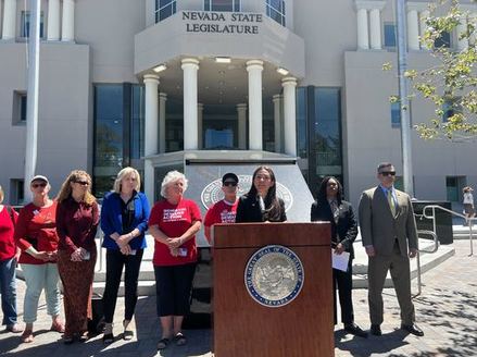 La lder de la mayora en la Asamblea, Sandra Jauregui, D-Las Vegas, habla en la conferencia de prensa del mircoles. (Battle Born Progress)