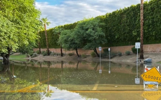 Flood waters blocked the only road into two schools in La Quinta, Calif., on Monday, forcing them to close. (Kristen Wood)