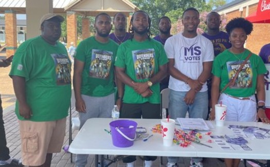 College students with Defenders of Democracy campaign attend a voter registration event at Mississippi Valley State University. (Courtesy of Southern Poverty Law Center)