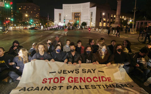 Jewish Americans hold up signs in support of Palestine at a New York rally. (Zachary Schulman/JVP)