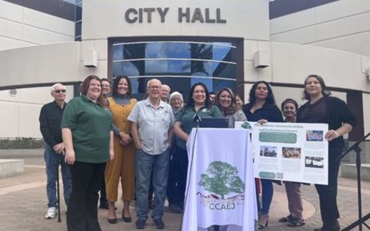 Advocates gathered at a Monday news conference in Moreno Valley, Calif., to highlight a court ruling against a large warehouse proposal. (Joycelyn Sida)