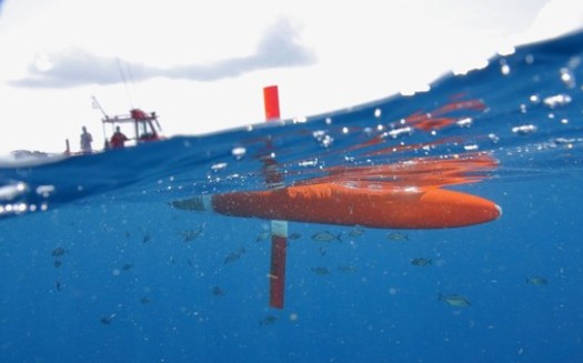A Spray underwater glider shortly after deployment in the Gulf Stream offshore of Miami, Fla., began one of the many glider-based surveys of the Gulf Stream completed by Associate Scientist Robert Todd's group at Woods Hole Oceanographic Institution since 2015. (Robert Todd/WHOI)