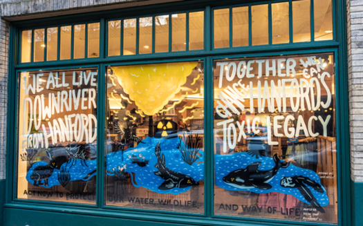 A mural at the Patagonia store in Belltown, Washington, reminds residents they all live downriver from the Hanford nuclear site. (Hanford Challenge)